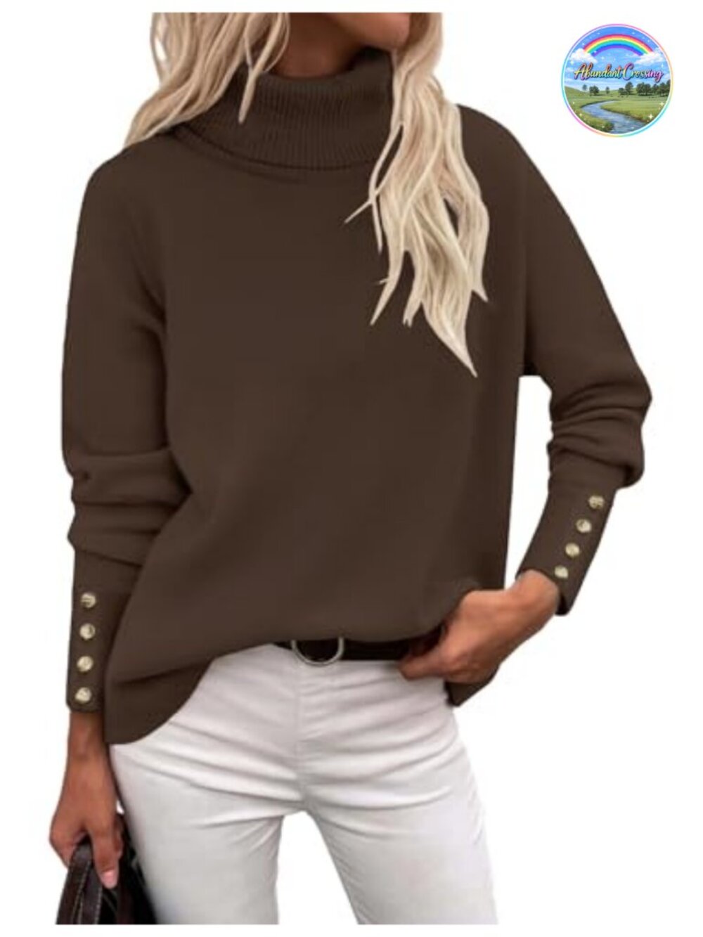 Turtleneck Pullover Sweater High Low Hem Metal Buttons Women's